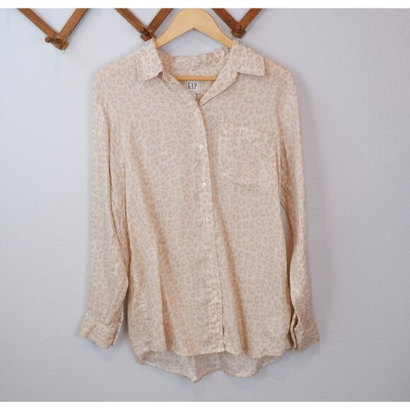 GAP Womens Linen Tan Animal Print Button Down Collared Shirt, small - Picture 4 of 8